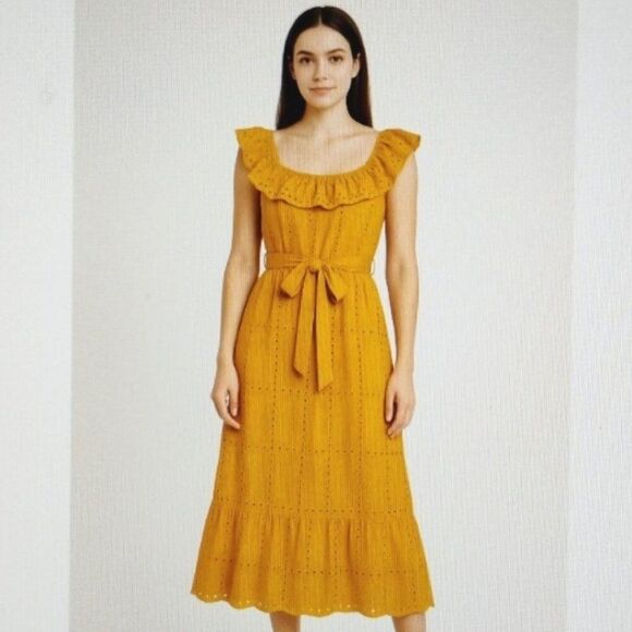 Simplee Dress Mustard Cotton Off Shoulder Ruffle Eyelet Cottage Prairie Peasant - Picture 1 of 14